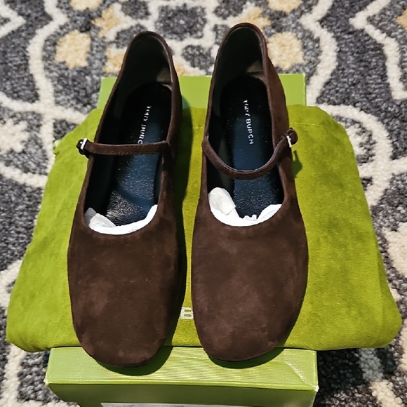 Tory Burch Dark Brown Suede Mary Jane Flats